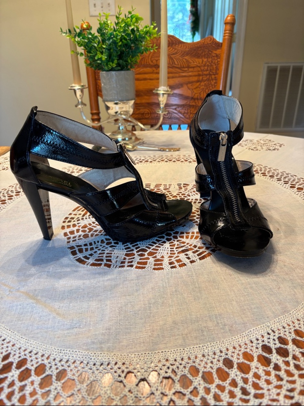 Michael Kors Berkley Patent Black Strappy High-Heel Sandals with Front Zip